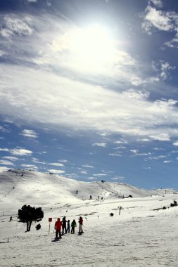 ULUDAG, BURSA, TURKEY - 10 February 2018. A view from the ski center in the mountains in Bursa. People are enjoying the sun and blue sky.