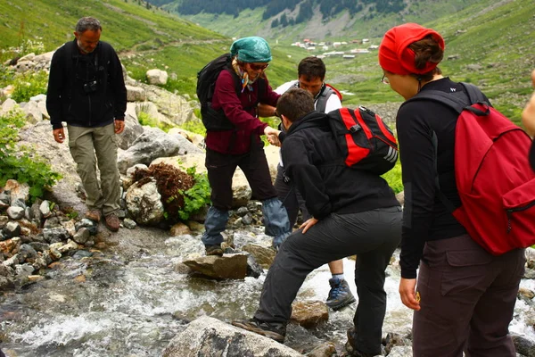 View Hikers Trekking Backpacks Walking Mountains Hiking Nature Tourist Trip — Stockfoto