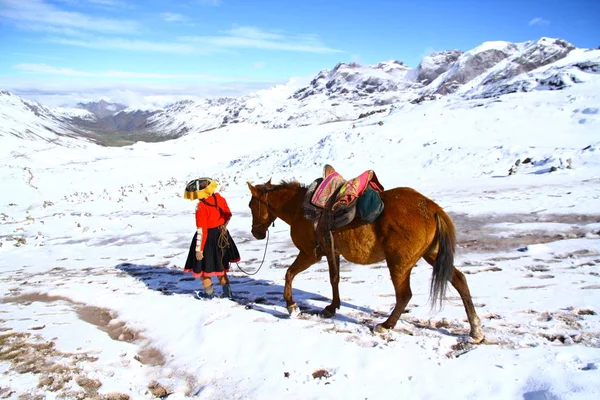 Vinicunca Rainbow Mountains Peru Vrouw Met Paard — Stockfoto