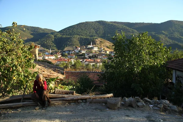 Eine Alte Frau Sitzt Auf Einem Ast Vor Dem Dorf — Stockfoto