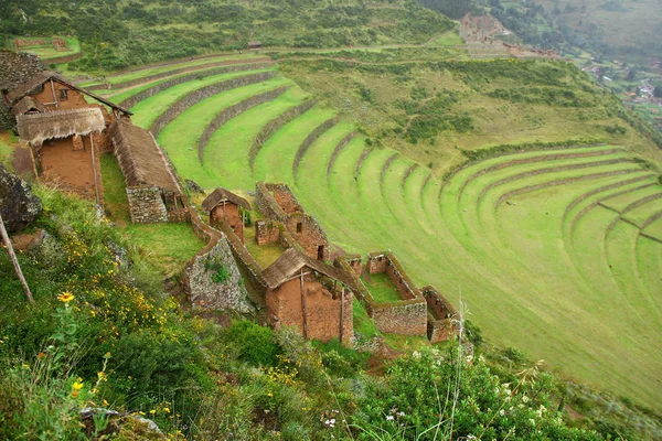 Okrągły Kształt Tarasy Inków Zboczach Świętej Doliny Kompleksie Archeologicznym Pisac — Zdjęcie stockowe