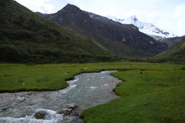 Laguna 69, Huascaran Ulusal Parkı, Peru 'nun yürüyüş parkında deresi olan güzel bir vadi manzarası..