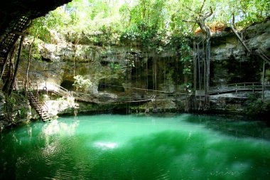 Meksika 'daki Yucatan Yarımadası' nın en iyi doğal mezarlarından biri olan X 'Canche Cenote' nin içinden bir görüntü..