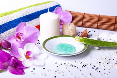 Sağlık malzemelerinden oluşan bir set, bir mum, taşlar, bir güzellik süngeri, bir deniz yıldızı, havlu, çiçekler, doğal bir sünger, aloe vera izni, aloe vera jeli, ahşap, bambu paspas, dekoratif taşlar.