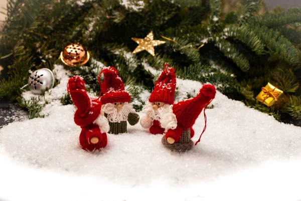 Un grupo de cuatro enanos de Navidad de pie en la nieve frente al bosque — Foto de Stock