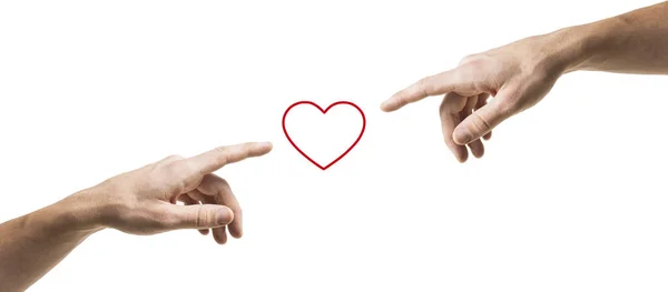 Дві Руки Витягнутими Індексними Пальцями Тягнуться Червоного Серця Центрі Зображення — стокове фото