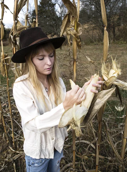 Ung kvinna kontrollera öra av majs i sädesfält — Stockfoto
