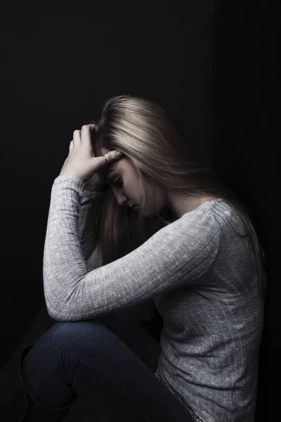 Profile Teenage Girl Sitting Her Head Her Hands Shadows — Stock Photo, Image