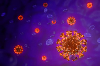 Mavi arka planda mikroskop altında eritrositlerde Coronavirus 'un viral enfeksiyonu veya COVID-19 hücresi. Hastalık hücresi ile salgın hastalık riski konsepti. 3d illüstrasyon.