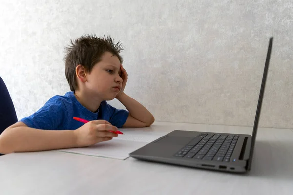 Jeune Garçon Apprend Distance Sur Ordinateur Portable Bureau — Photo