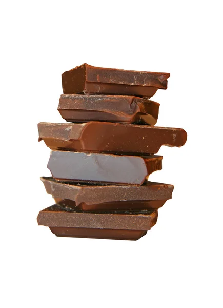 Chocolate Escuro Torre Empilhada Pilha Visto Perto Fundo Branco Construção — Fotografia de Stock