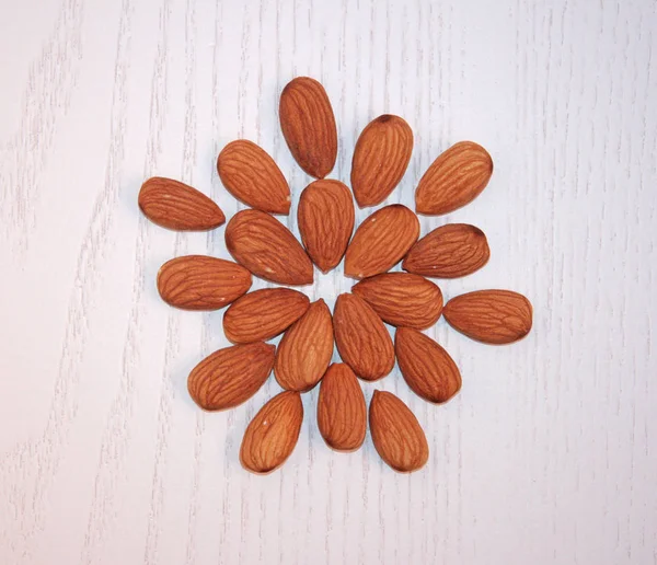Shelled Almonds Almonds Brown Oval Shaped Light Wooden Table Top — 스톡 사진