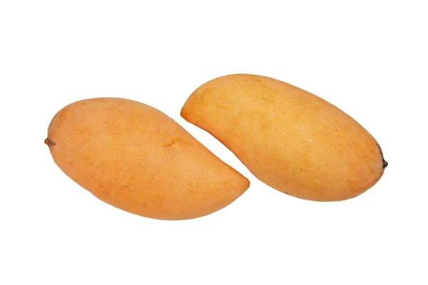 Beyaz arka planda özdeş iki sarı mango. Mangolar sarıdır, aynı çeşitten olgunlaşmışlardır. Beyaz arkaplanda meyve.