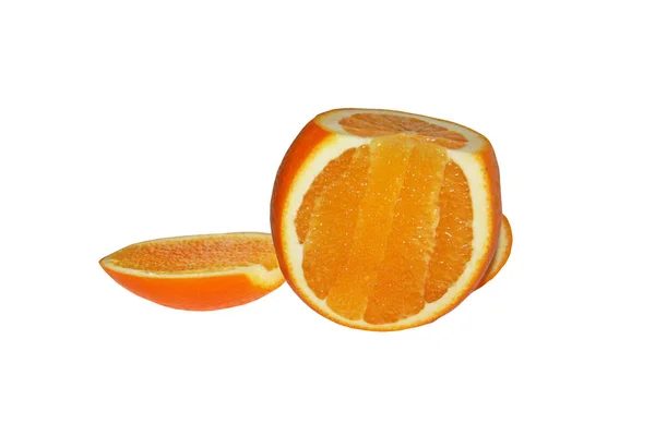 Teile Einer Orange Orange Auf Weißem Hintergrund Orangenscheiben Verschiedenen Ebenen — Stockfoto