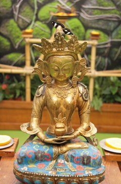 Heykelin üzerinde beyaz yuvarlak benekli güzel siyah kelebek. Saf beyaz benekli tropikal kelebek. Kadife gibi siyah kanatlı ve beyaz desenli bir kelebek. Açık kanatlı kelebek. Buda heykelinin üzerinde renkli tropikal kelebekler..  