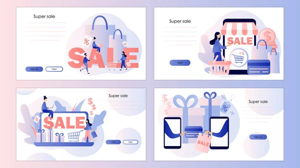 大减价网上购物。屏幕模板用于手机、登陆页、模板、 ui 、 web 、移动应用程序、海报、横幅、传单。平淡的风格。矢量说明 — 图库矢量图片