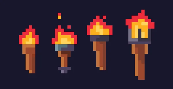 Wooden Torches Pixel Art — Stock Vector