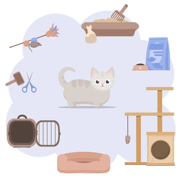 Accessori diversi per gatti. Illustrazione vettoriale stock. Cibo per gatti, gratta e vinci, gabbia per animali domestici, lettino per gatti, toilette, giocattoli, rompicapo, pettine, forbici . — Vettoriale Stock