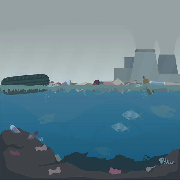 Illustration zur Wasserverschmutzung. Aktienvektor. Müll und Schleim im Wasser. Öko-Konzept. Abfallemissionen, Luft- und Wasserverschmutzung durch Fabriken. — Stockvektor