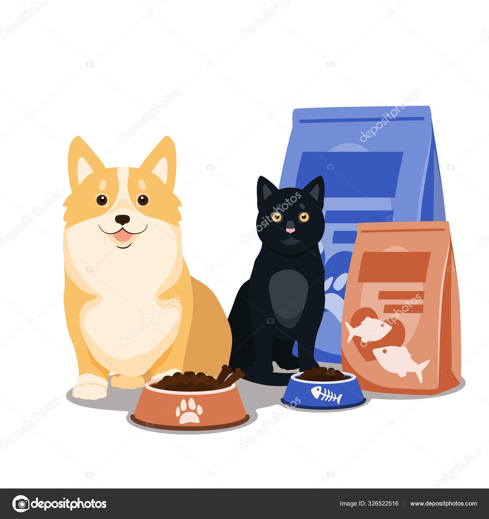 Pet food vector. Illustration of cartoon happy dog and cat sitting with full bowl of dry food and food packages. Stock Vector Image by ©Rhoeo #326522516 Pet food vector. Illustration of cartoon happy dog and cat sitting with full bowl of dry food and food packages. Stock Vector Image by ©Rhoeo #326522516