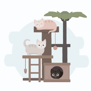 Kedi kulesindeki sevimli çizgi film kedileri. Stock vektör illüstrasyonu. Pençe bileyicisi, pençe ucu, kedi evi vektörü.