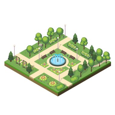 Yeşil bitkilerin, çiçeklerin, fıskiyelerin, bankların ve salıncakların olduğu Isometric Park manzarası. Beyaz arkaplanda vektör illüstrasyonu.