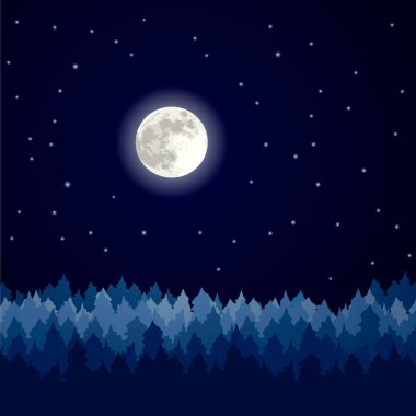 Gece manzarası, ay ve yıldızlı çam ormanı manzarası..