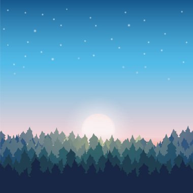 Güneş ve yıldızlarla gün doğumunda çam ormanı manzarası.