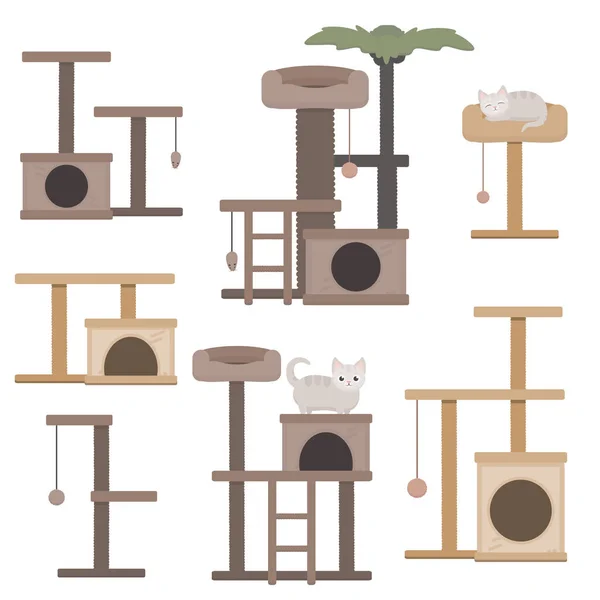 Vettore serie di torri per gatti illustrazione per negozio di animali domestici. Illustrazione stock isolato su sfondo bianco. Affilatrice di artigli, punto dell'artiglio, vettore della casa del gatto . — Vettoriale Stock