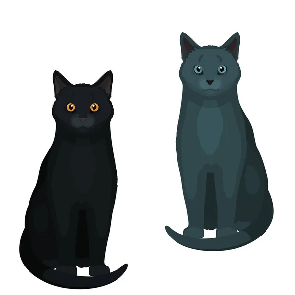 Lindo dibujo animado gato vector ilustración. Gatos negros y azules aislados sobre fondo blanco . — Vector de stock