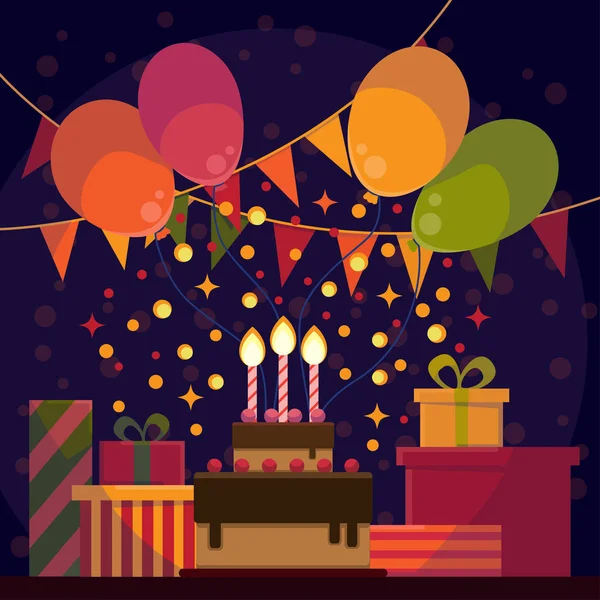 誕生日ケーキ、ギフトボックス、カラフルな風船で誕生日の背景。ベクターイラスト. — ストックベクタ