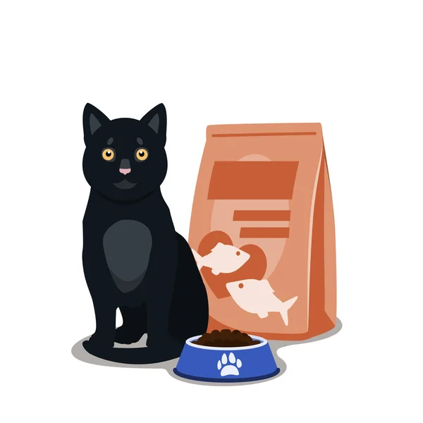 Vettore di cibo per gatti. Illustrazione di cartone animato gatto felice con ciotola piena di cibo secco e pacchetto di cibo per gatti . — Vettoriale Stock