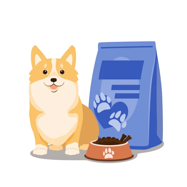 Vettore di cibo per cani. Illustrazione di cartone animato felice cane con ciotola piena di cibo secco e pacchetto di cibo per cani . — Vettoriale Stock