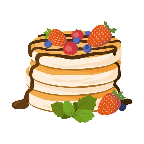 Pancakes vector illustration. Pancakes with berries and chocolate isolated on white background. — Stock Vector