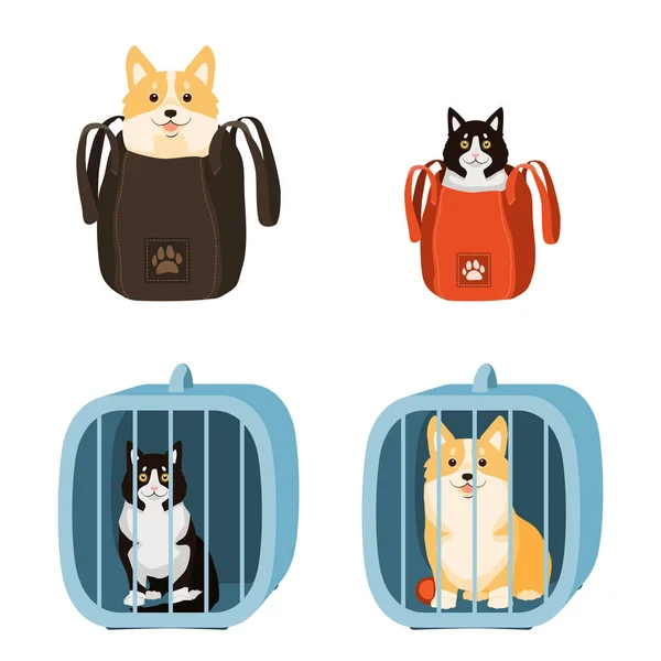 Travelling with pets. Vector illustration of dog and cat in a bag and pet cage.