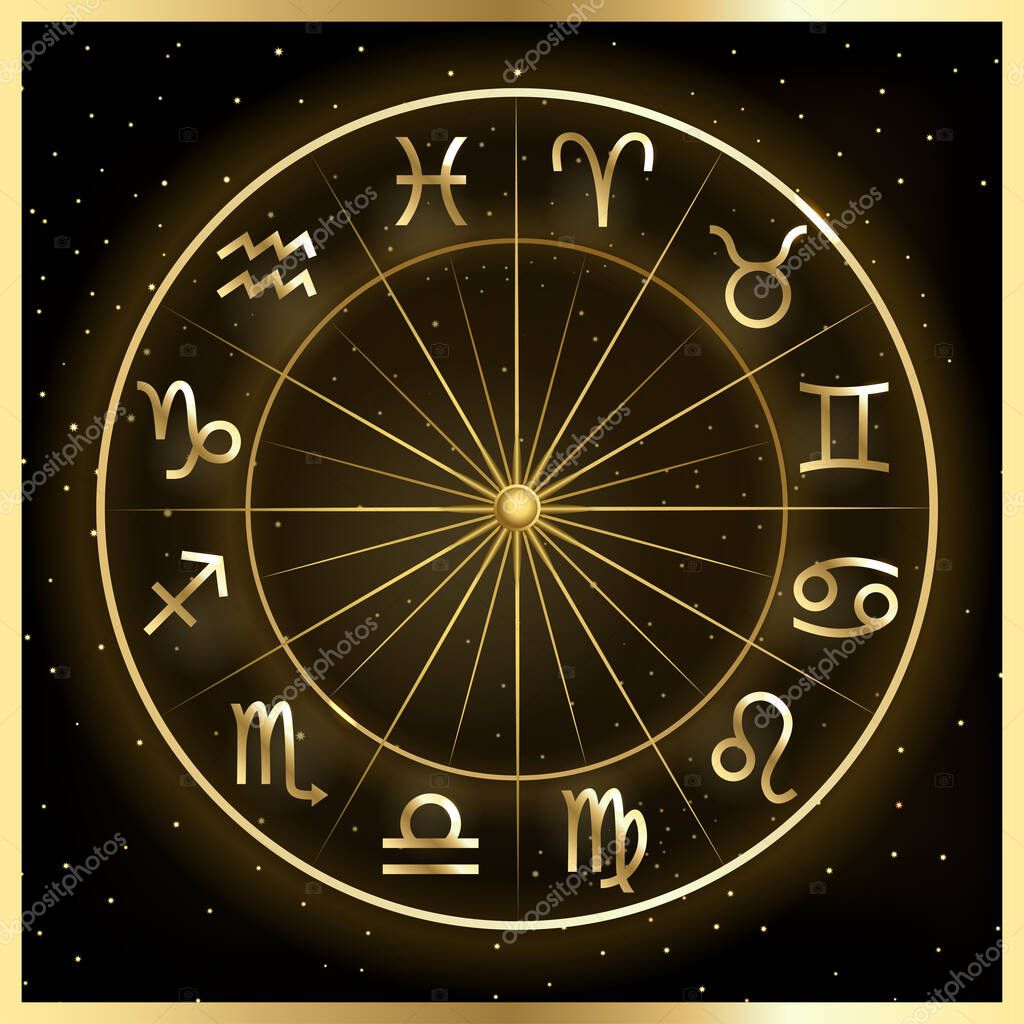 Vector illustration of zodiac circle on cosmic background with stars. Astrology horoscope signs.