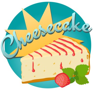 Cheesecake with strawberry and mint leaves vector illustration.