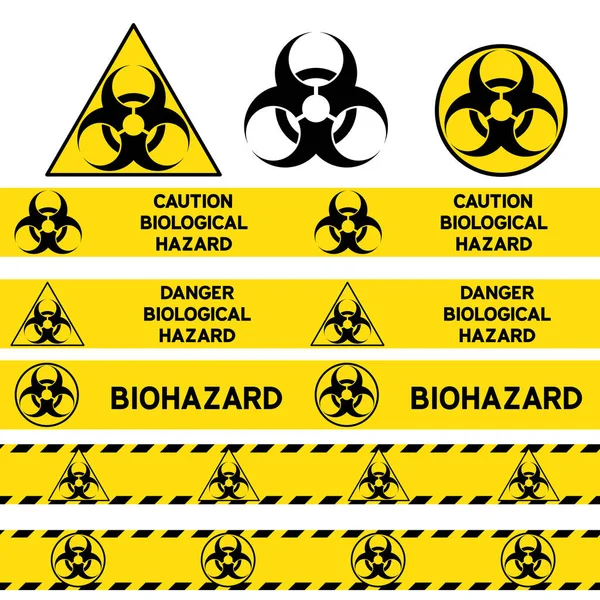 Biological hazard signs and seamless warning tapes set. — Stock Vector