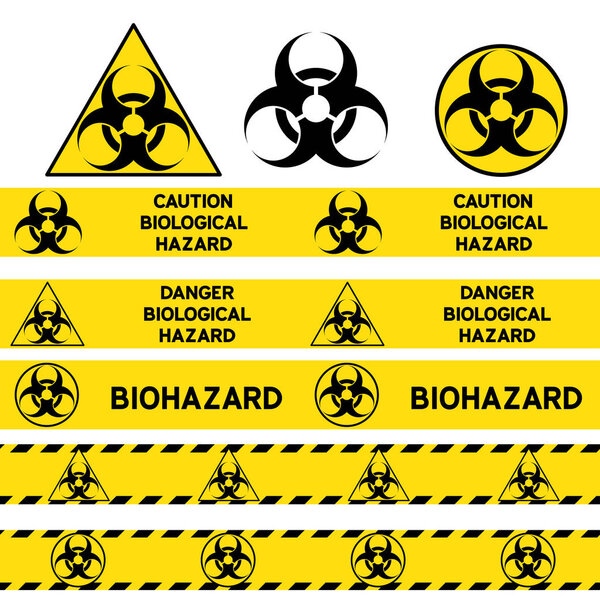 Biological hazard signs and seamless warning tapes set.