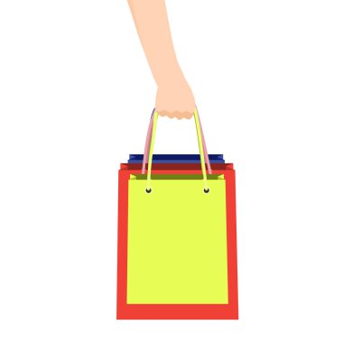 Hand with many shopping bag. Sales and shopping concept. Vector illustration.