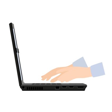 Hands on laptop keyboard vector illustration. Side view.