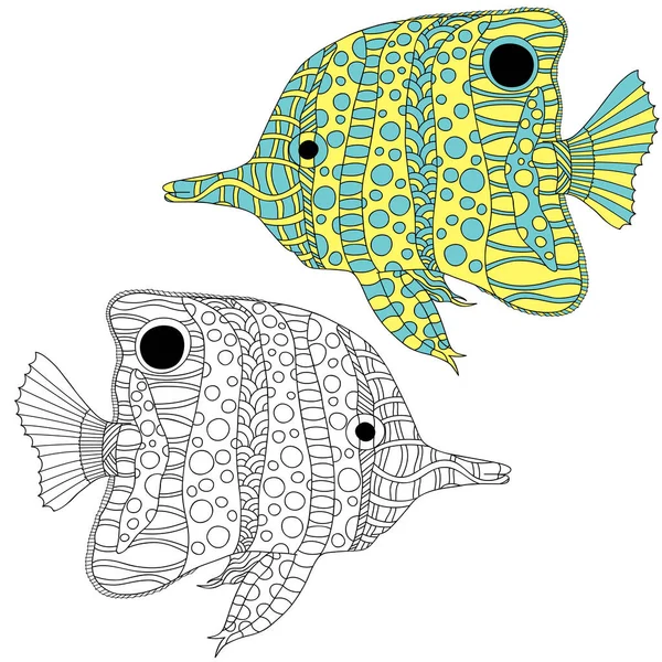 Handritad fjärilsfisk vektor illustration. Anti stress färg sida, konst, etnisk klotter mönster. — Stock vektor