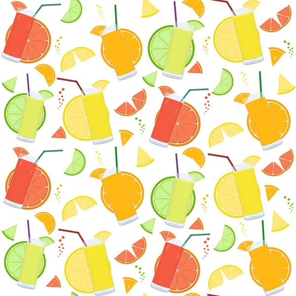 Seamless pattern with fresh citrus juices and citrus slices — Stock Vector