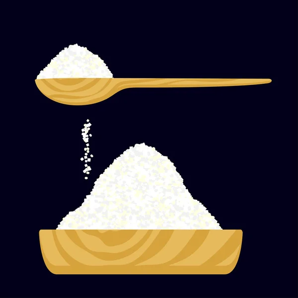 Sel ou sucre granulé dans un bol en bois et dans une cuillère en bois . — Image vectorielle