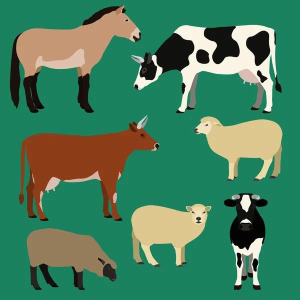 Vectorverzameling landbouwhuisdieren. Verschillende koeien, schapen, paard illustratie. — Stockvector