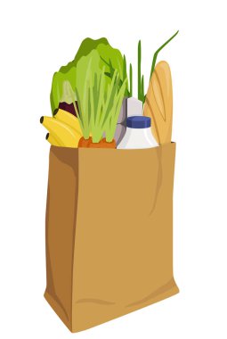 Kağıt torba ve ürünlerin vektör illüstrasyonu. Beyazda izole edilmiş.