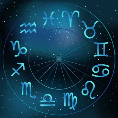 Kozmik arkaplanda yıldızlı ve nebulalı zodyak çemberinin vektör çizimi. Astroloji burç işaretleri.