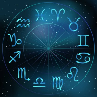Kozmik arkaplanda yıldızlı ve nebulalı zodyak çemberinin vektör çizimi. Astroloji burç işaretleri.