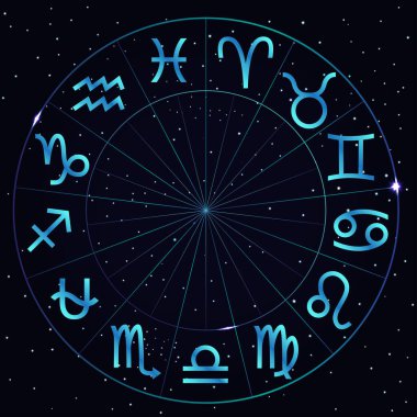 Kozmik arkaplandaki yıldızlı zodyak çemberinin vektör çizimi. Astroloji burcu işaretleri. 13. astrolojik işaretli Zodiac çemberi.