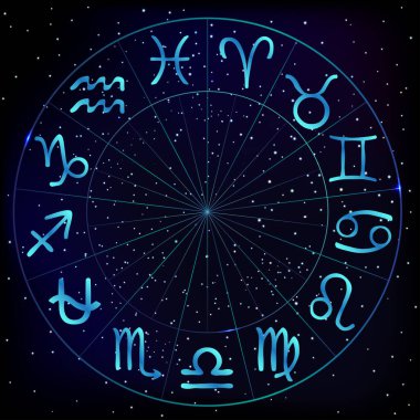 Kozmik arkaplandaki yıldızlı zodyak çemberinin vektör çizimi. Astroloji burcu işaretleri. 13. astrolojik işaretli Zodiac çemberi.